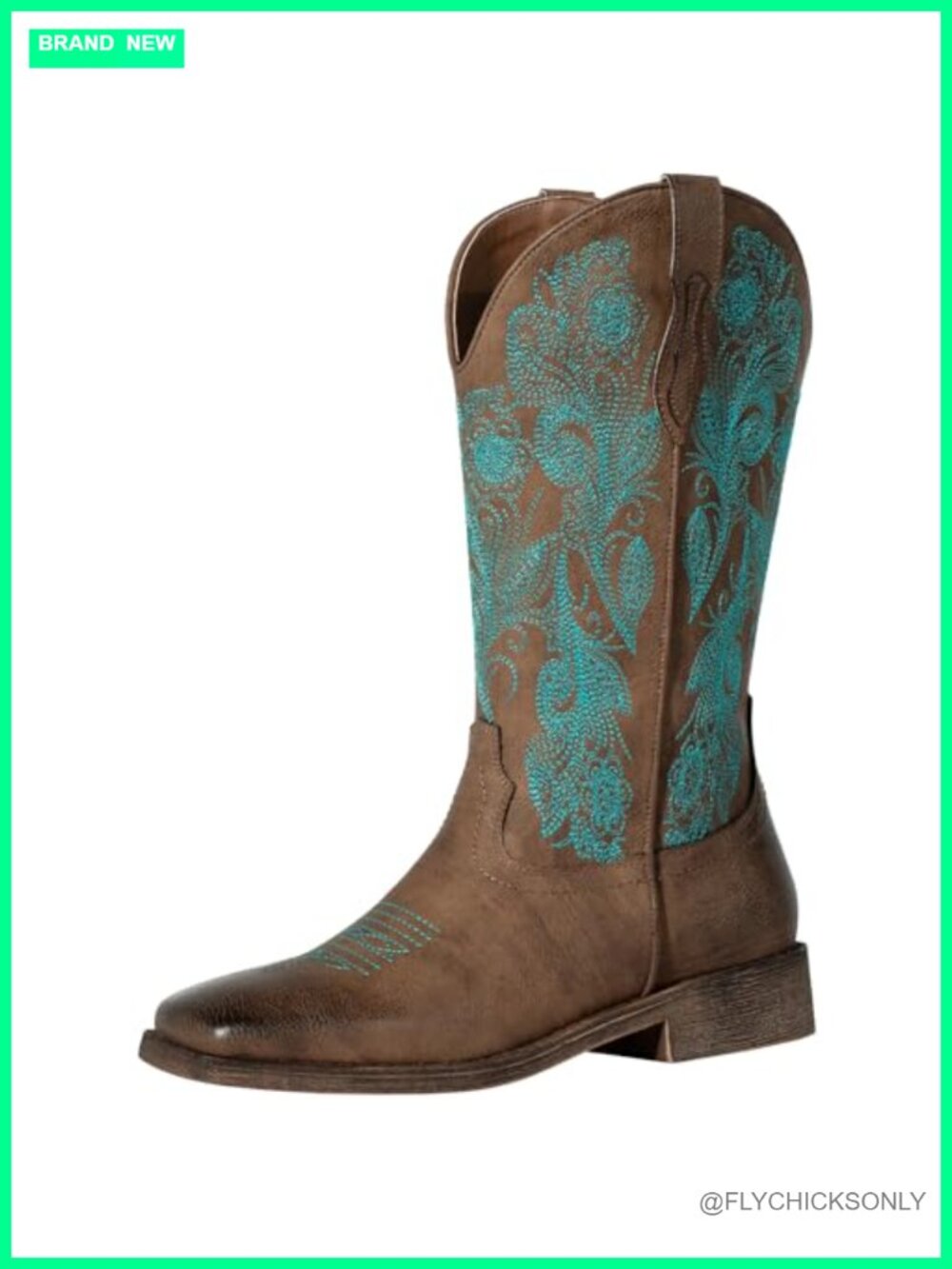 Floral Embroidered Cowboy Boots Square Toe Western Faux Leather